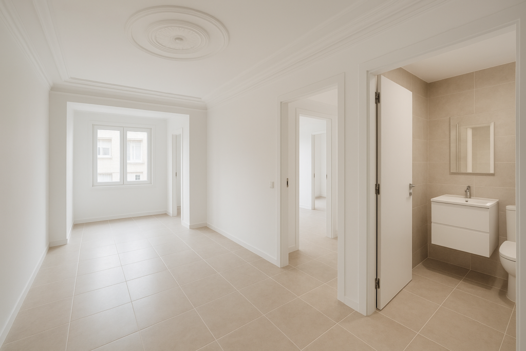 ترميم شامل لشقة خمس غرف: تجديد جبس، بويات، بلاط وحمامات.