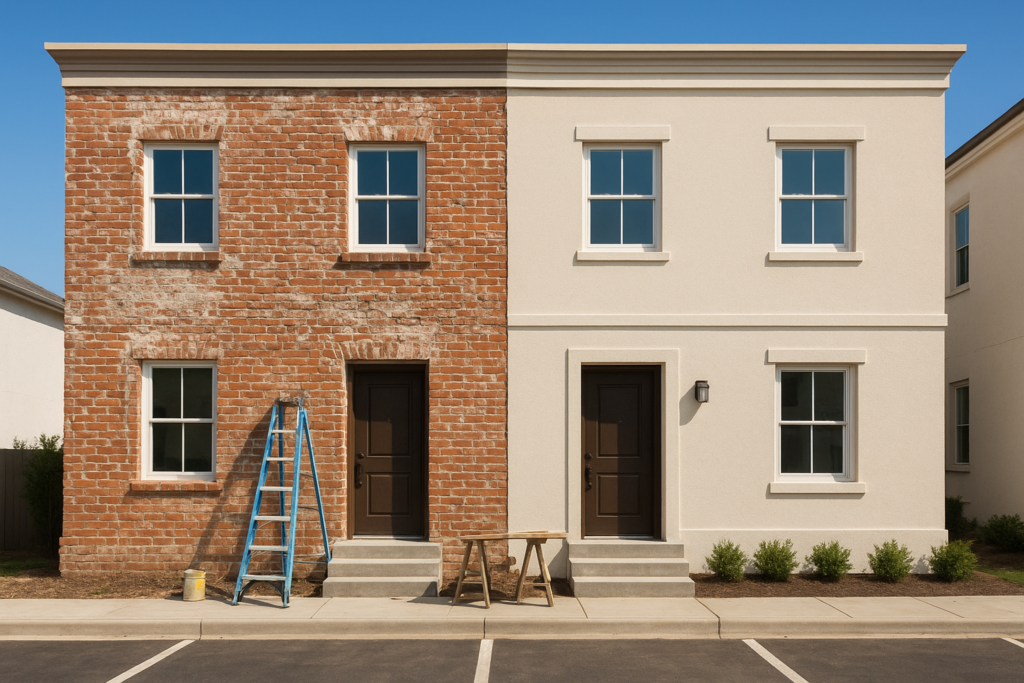 ترميم وتجديد واجهات عمارة سكنية طابقين مع المواقف الأمامية