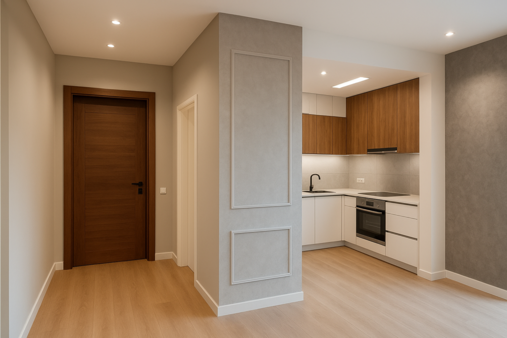 تشطيب شامل لشقق: أبواب، ديكورات، مطابخ، وواجهات مميزة.