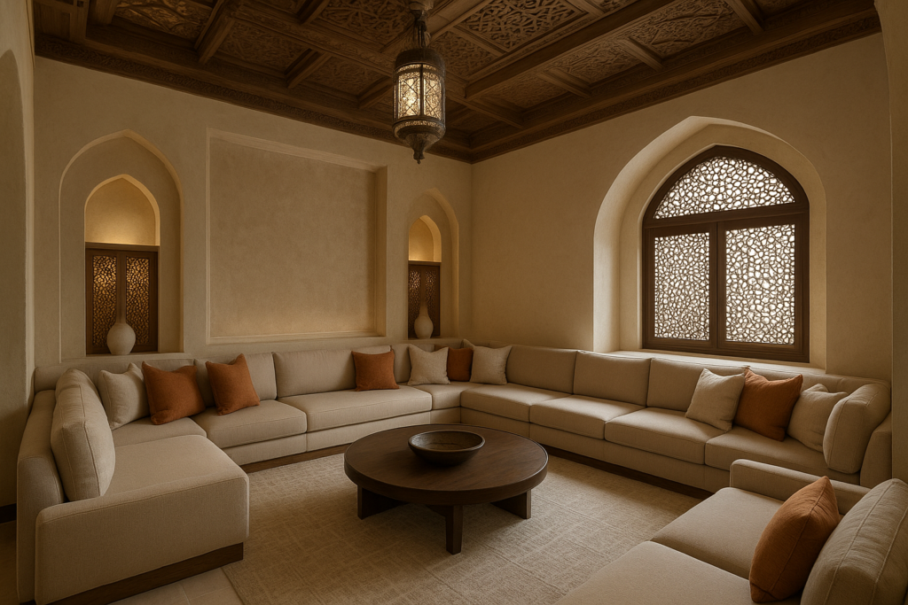 مشروع تصميم داخلي حديث لمجلس فاخر في بيت عربي تقليدي