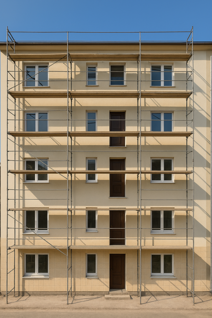 مشروع ترميم وصيانة متكاملة لعمارة سكنية بتسع شقق تشمل بويه، بلاط، أبواب، شبابيك، كهرباء وسباكة.