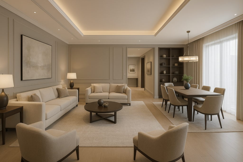 عنوان: تصميم ديكور مخصص لمجلس رجال ونساء وصالة لشقة جديدة