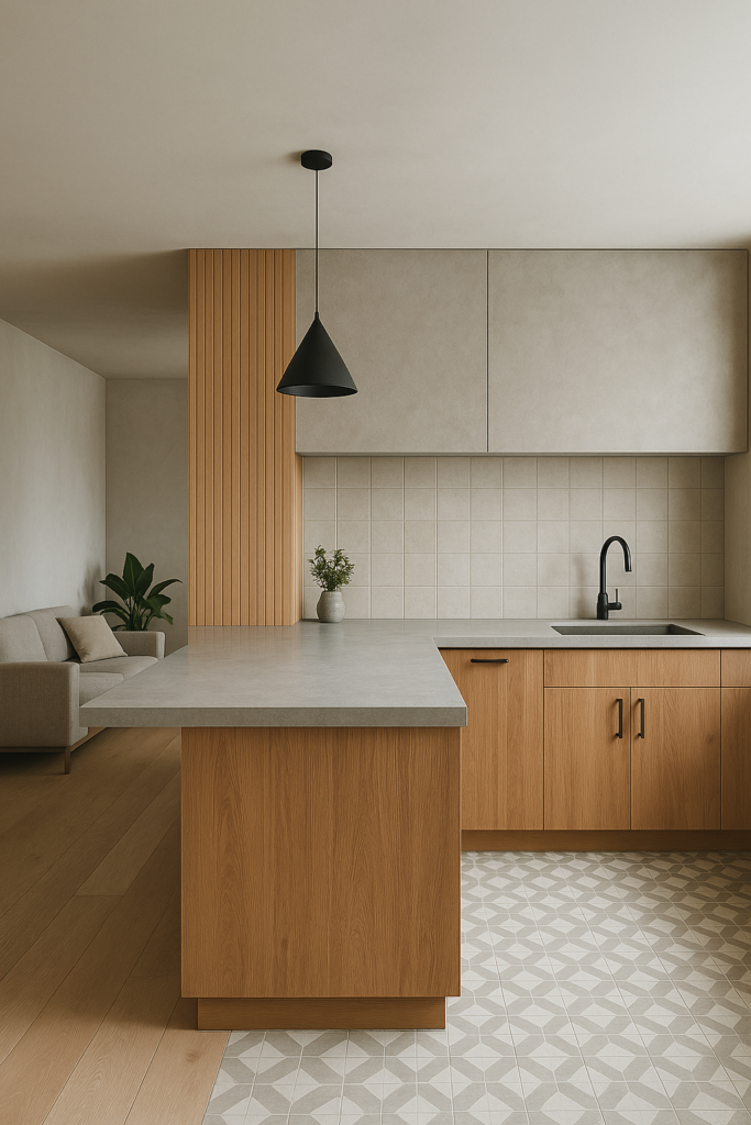 مشروع تصميم داخلي وتجديد لأعمال الديكور باستخدام بدائل الخشب والطلاء وتركيب البلاط.