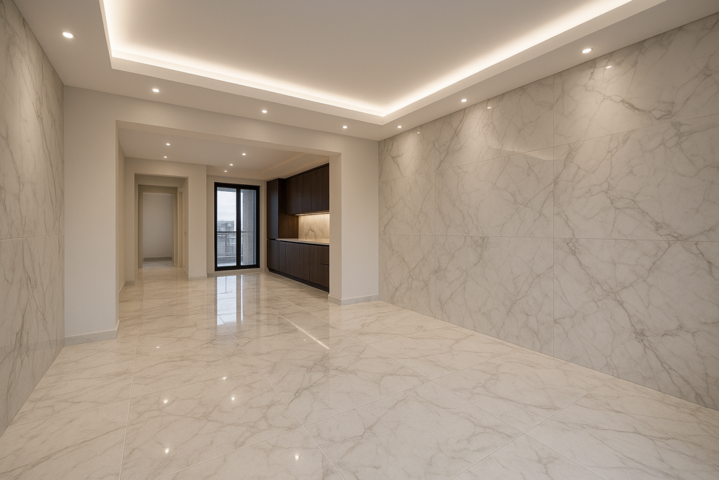 تشطيب بلاط فاخر لشقة سكنية حديثة البناء