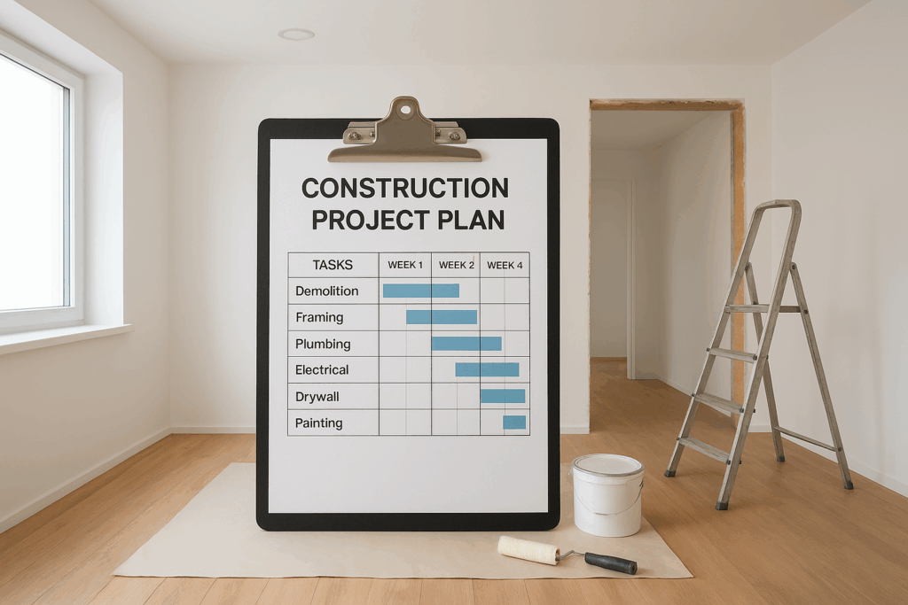 مشروع تشطيب جديد مع خطة عمل وجدول زمني للتنفيذ