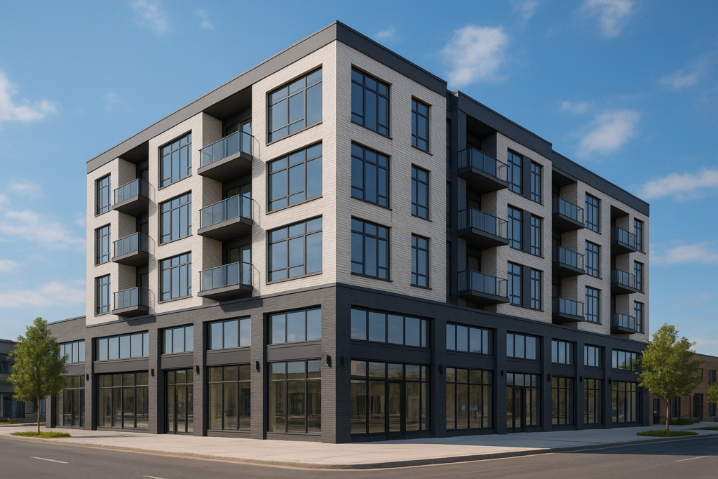 مشروع بناء جديد لعمارة تجارية بمحال تجارية وشقق سكنية متعددة الطوابق