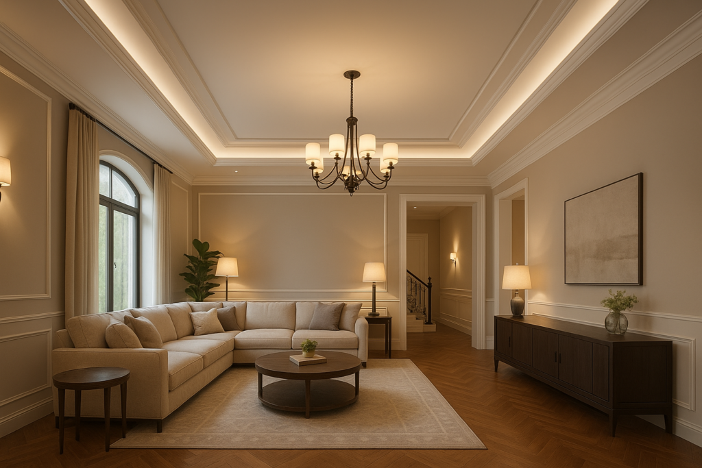 تصميم ديكور داخلي متكامل للفيلا يشمل السقف، الإضاءة، الدهانات، والشيبورد