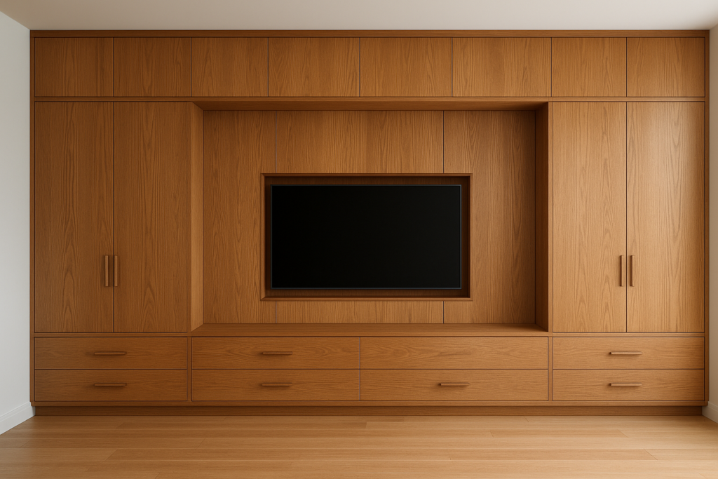 ديكور واجهة خشبية مع مكان تلفزيون وأدراج بطول 7م وارتفاع 2.5م