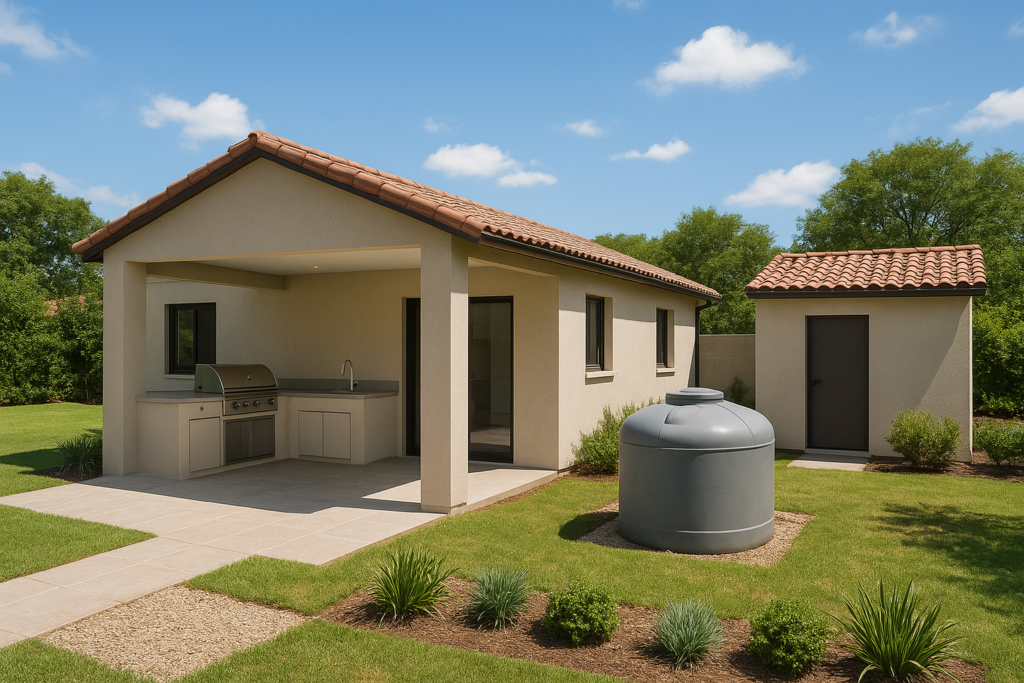 مشروع تشطيب منزلي يشمل مطبخ خارجي وخزان أرضي وغرف للسائق والغسيل