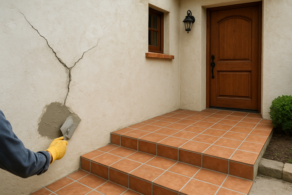 مشروع ترميم وصيانة: إصلاح تشققات الجدار وتغيير بلاط الحوش وصيانة باب المنزل