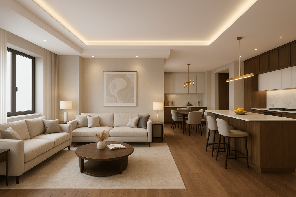 تصميم داخلي مميز لصالة ومجلس ومطبخ لمشروع التشطيب المثالي