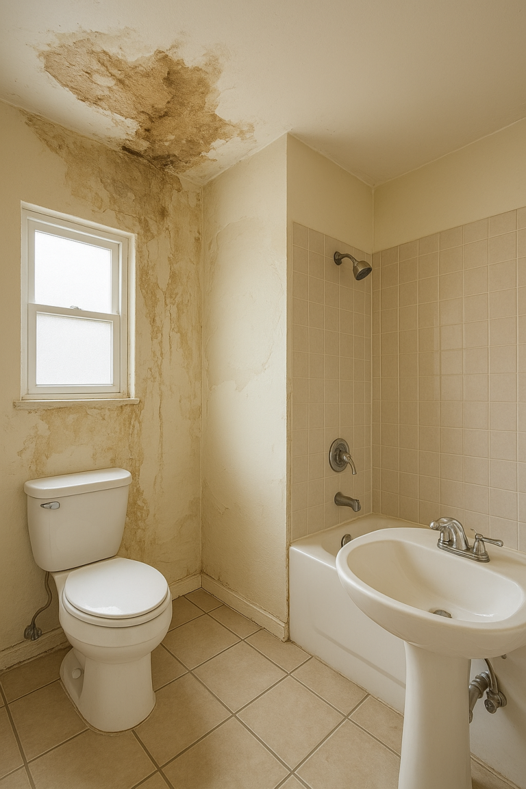 ترميم ومعالجة تهريب المياه في الحمامات والمطبخ لتحسين الجبس المتضرر في الغرف المجاورة.