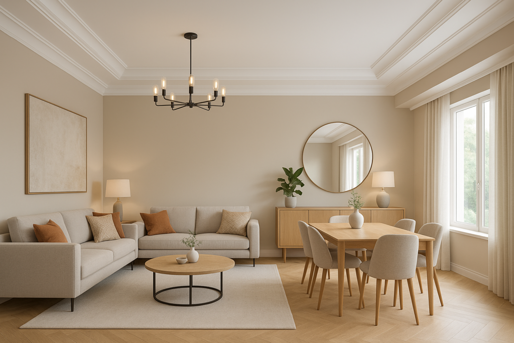 تجديد ديكور صالون وسفرة مع تحديث شامل للأسقف والجدران والأثاث والإضاءة.