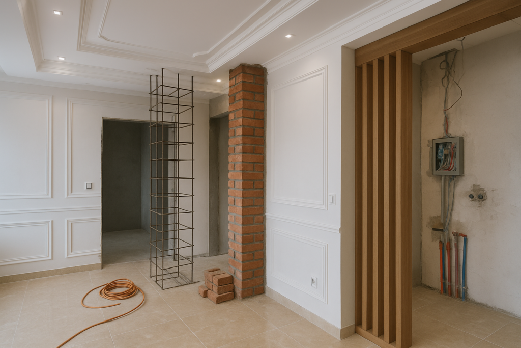 مشروع تشطيب شقة متكامل: ديكورات جبس، وحديد، وخشب، وأعمال كهرباء وصحية
