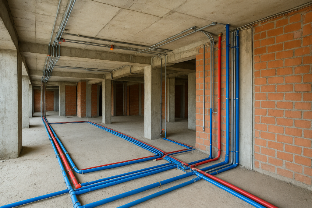 تشطيب عمارة سكنية: أعمال السباكة والكهرباء لمبنى بدروم وعشرين شقة