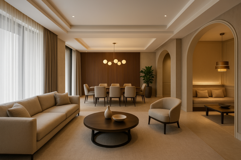 تصميم ديكور مبتكر لصالة وغرفة طعام ومجلس رسمي: جمالية ووظائف متناغمة للمنزل الفاخر