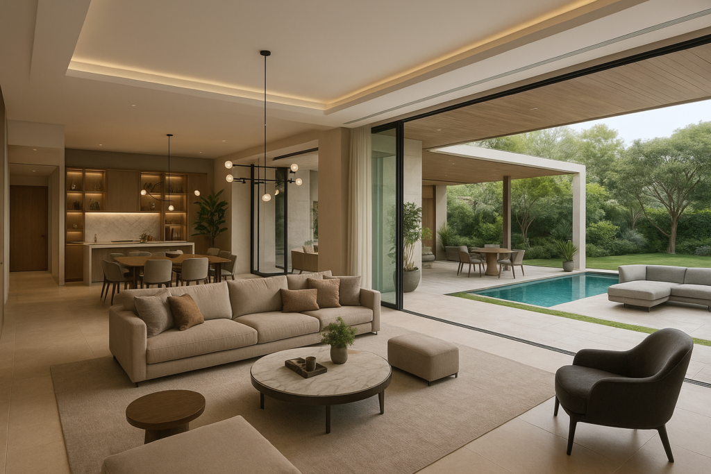 تصميم داخلي شامل وديكورات مبتكرة لجميع أركان الفيلا والأماكن الخارجية