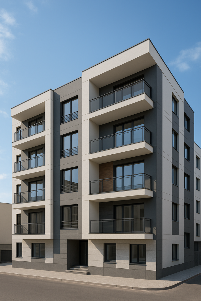 تشطيبات جديدة لعمارة سكنية حديثة البناء.