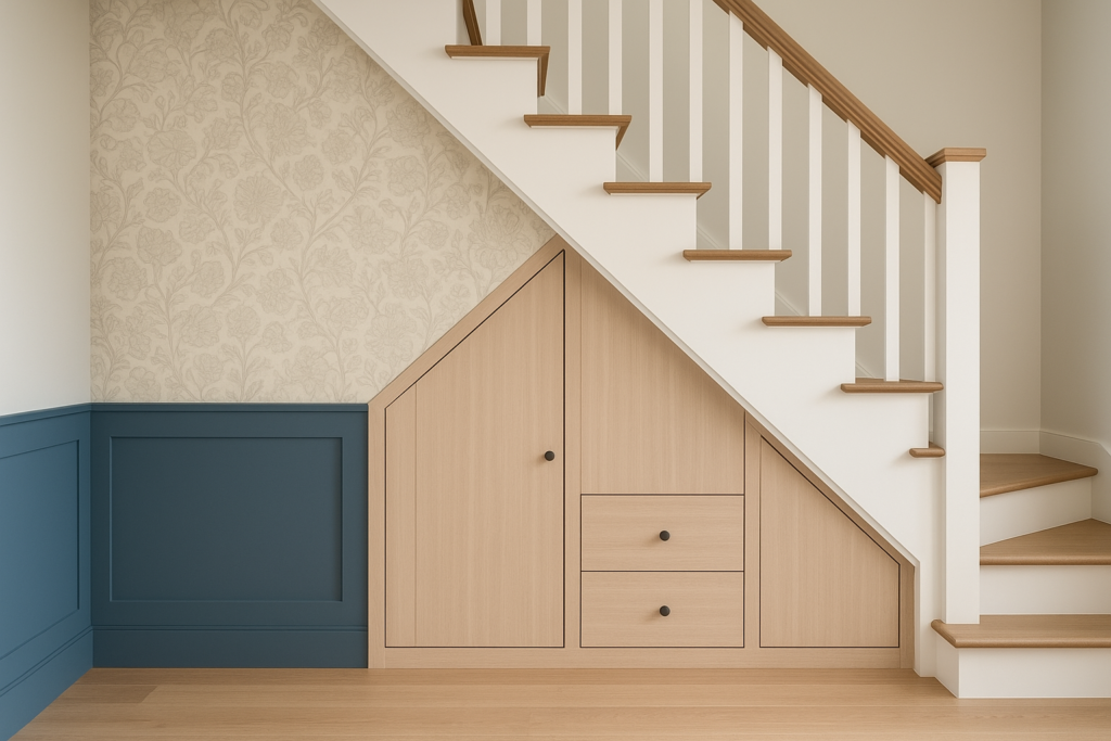 تفاصيل مشروع ديكور داخلي: تركيب ورق جدران وشيبورد وإنشاء دواليب مبتكرة تحت الدرج