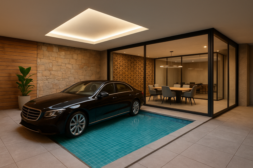 تحويل مسبح إلى موقف مع أعمال ديكور متميزة ومجلس زجاجي وحلول إبداعية للأسطح