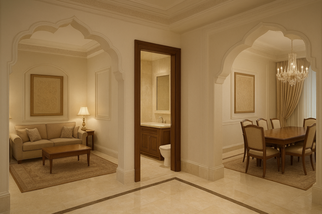 ترميم وتزيين مجلس ومقلط مع دورة مياه ومدخل بينهما بأسلوب أنيق ومتقن