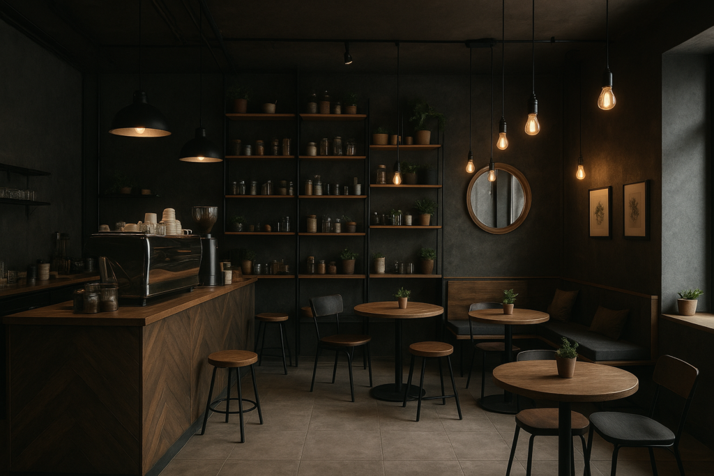 تصميم وتجهيز محل كوفي بمساحة 35 متر مربع بأفكار ديكور مبتكرة