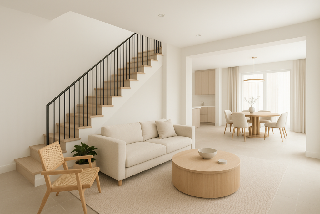مشروع تصميم ديكور داخلي لدور أرضي مع درج داخلي حديث وأنيق