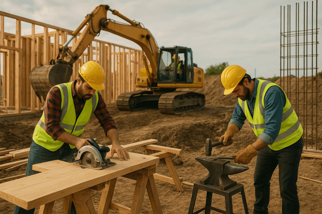 مشروع بناء جديد يشمل أعمال الحفر والنجارة والحدادة