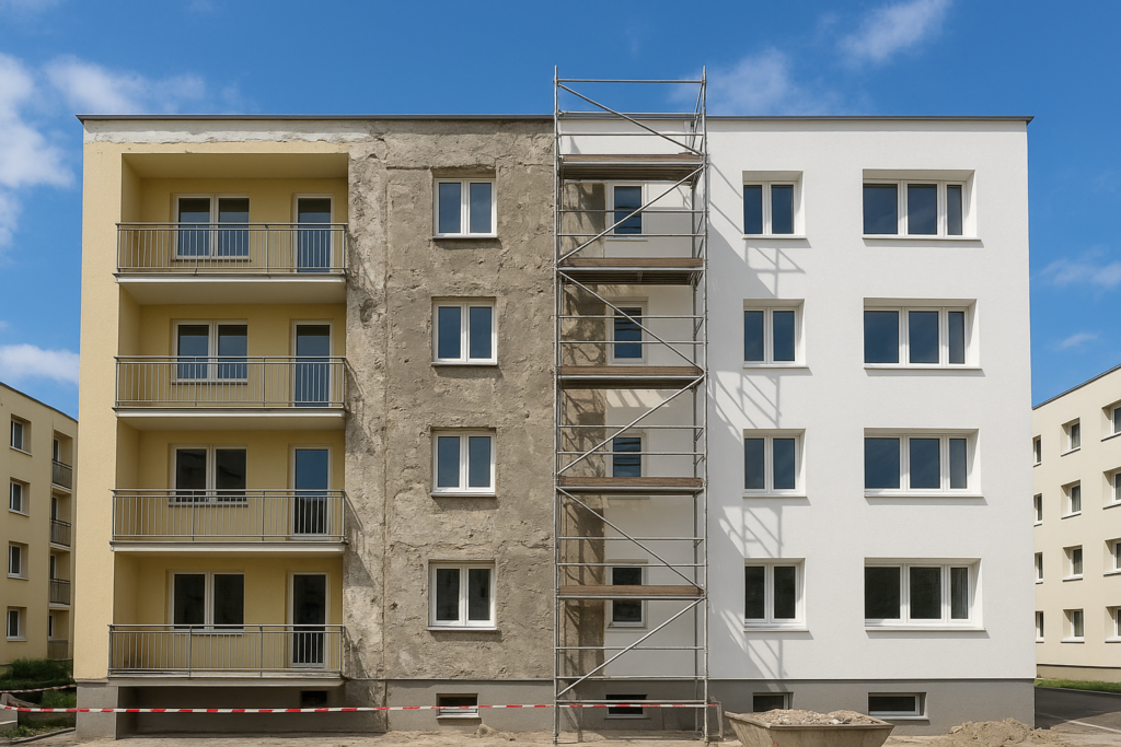 تجديد شامل لعمارة: إصلاح الخرسانات والدوارات وصبغ متكامل