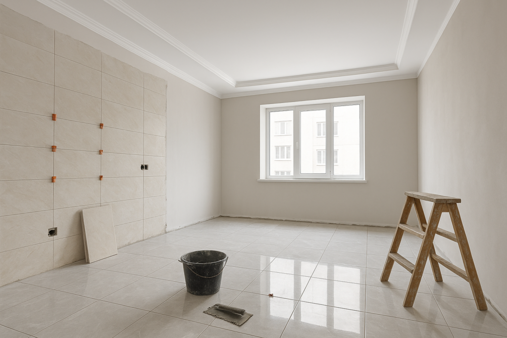 تشطيب شقة متكامل: تركيب بلاط، تعديل جبس ودهان.