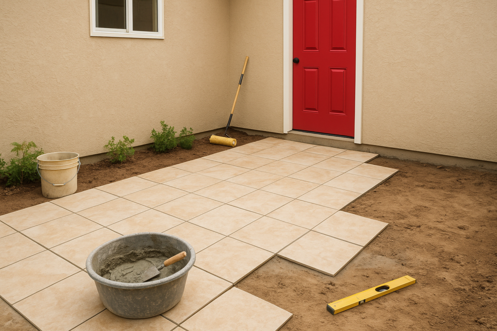 مشروع تجديد: تغيير بلاط الحوش وطلاء الأبواب للأعمال الترميمية والصيانة