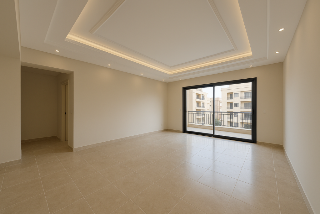 تشطيب شقة ديكور بمساحة 125م²: تركيب بلاط شامل وجميع الأسقف جبس بورد