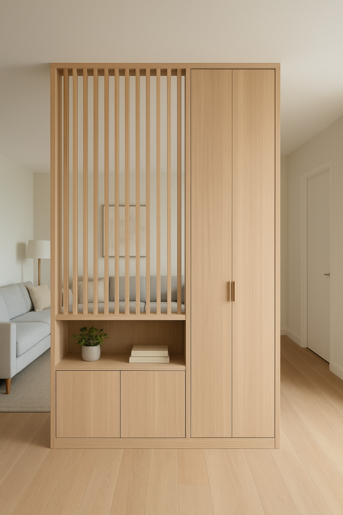 قاطع ديكور مبتكر يفصل الصالة عن المدخل مع تخزين خزانة ودولاب مدمج.