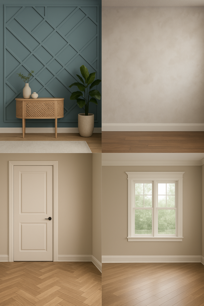 أفكار تصميمية لأعمال ديكور: حوائط وبروايز، دهانات وأرضيات، وتلبيس الأبواب والشبابيك