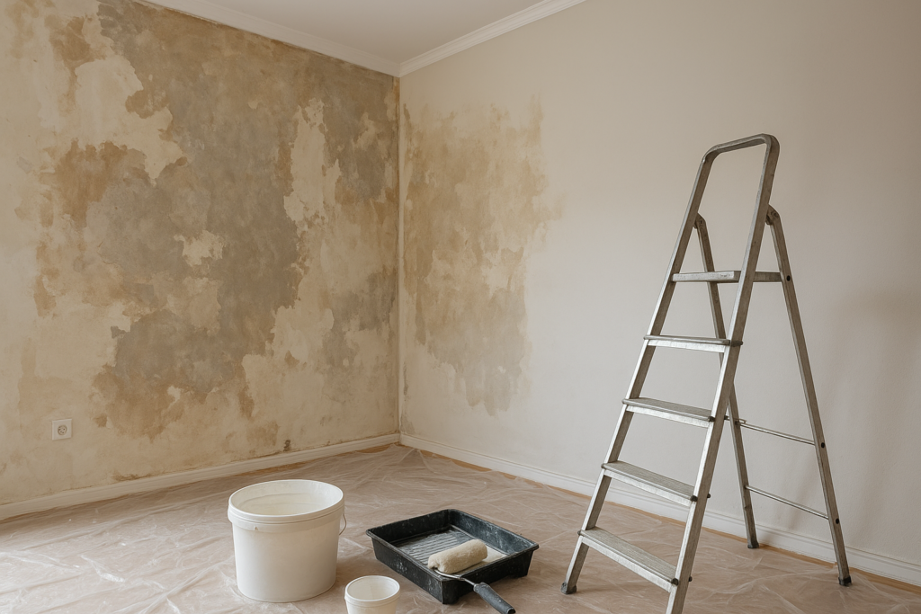 تجديد وصيانة جدران الصالة والغرفتين بسبب الرطوبة وإعادة طلاء الجدران بالكامل