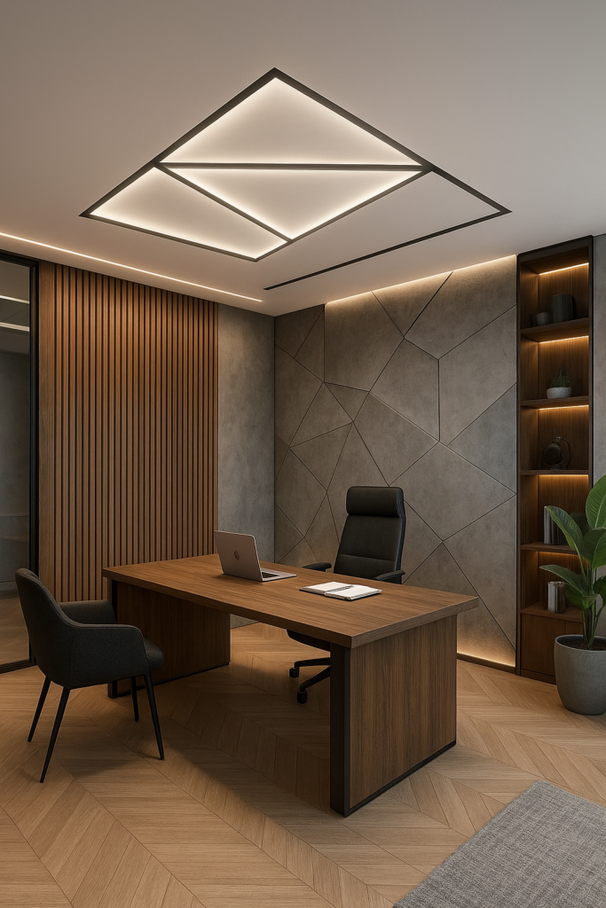 تشطيب كامل لمكتب عصري بأعمال ديكور مبتكرة.