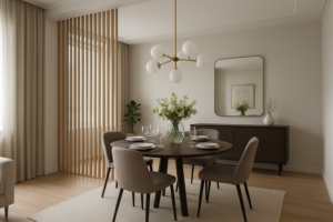 تصميم ديكور مبتكر لتحويل الصالة إلى غرفة طعام راقية في شقة مزدوجة الغرف