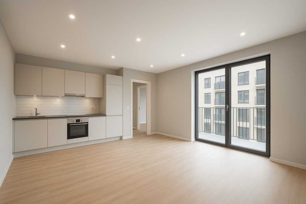 تشطيب شامل لشقة بواجهة عصرية في عمارة سكنية.