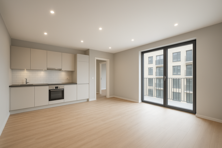 تشطيب شامل لشقة بواجهة عصرية في عمارة سكنية.