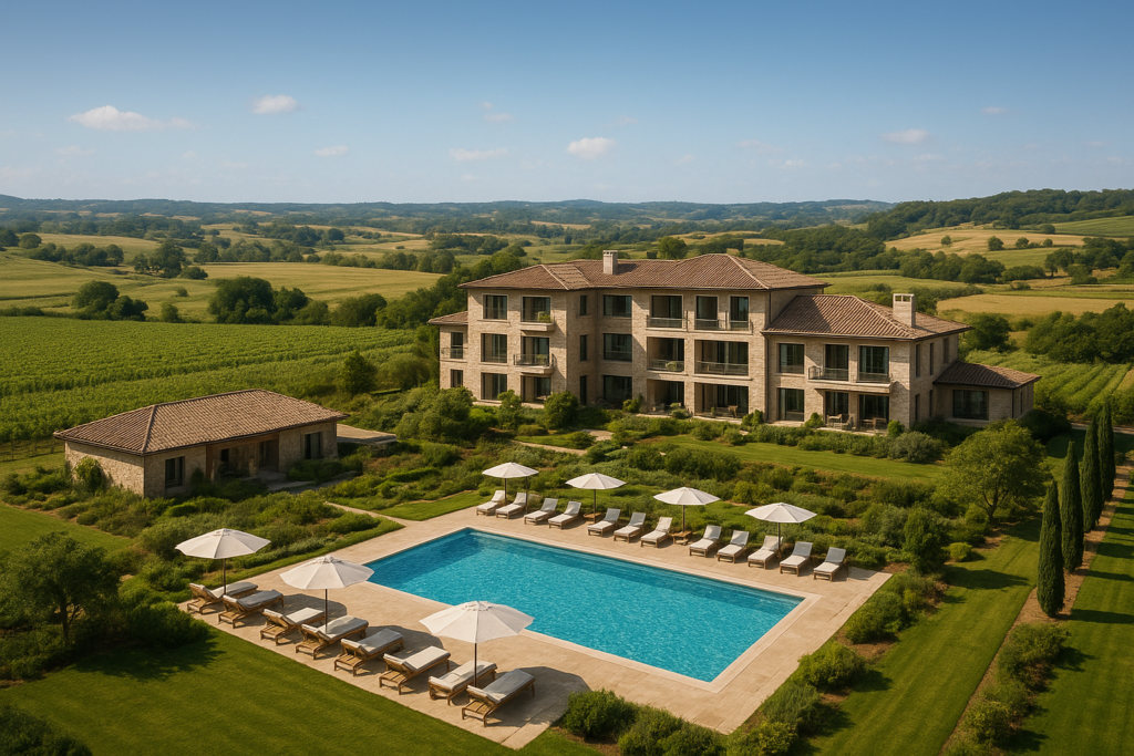 بناء منتجع فاخر جديد في مزرعة بمنطقة ريفية.