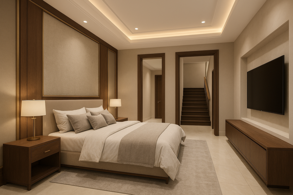 مشروع تصميم وتركيب ديكور لغرفة نوم وخلفية شاشة ومداخل المجلس والدرج