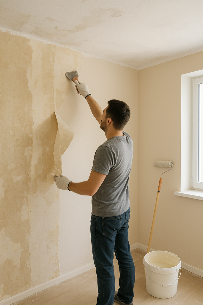 تجديد ديكور داخلي: إزالة ورق حائط وصنفرة للسقوف والجدران مع دهان داخلي جديد.