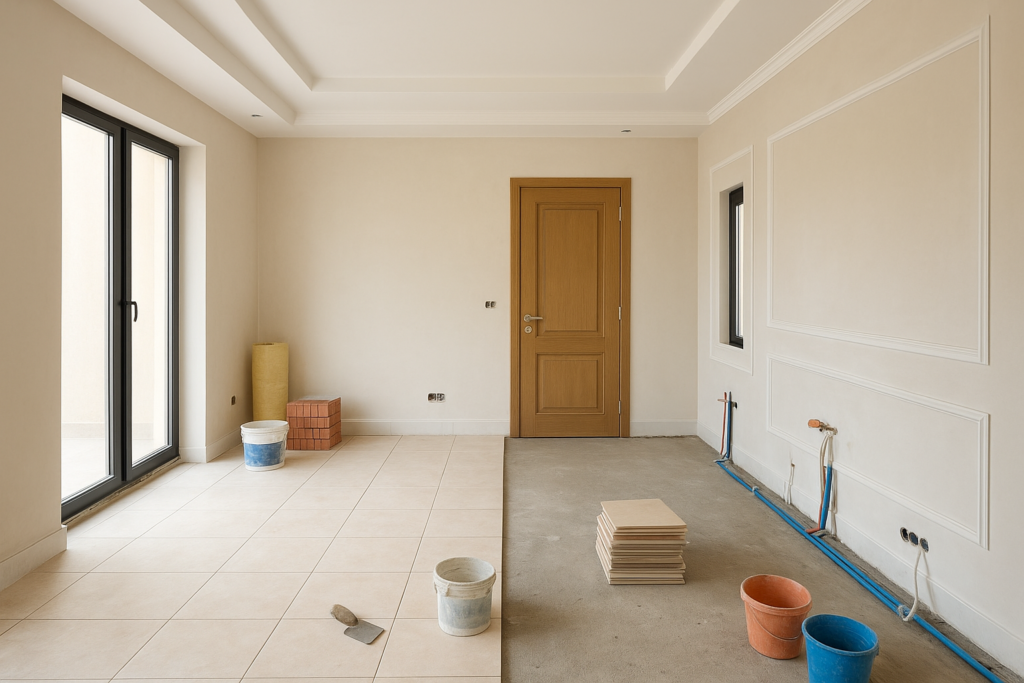 مشروع تشطيب فلة: عزل، سيراميك، ديكورات، أبواب، نوافذ، دهانات، وتمديدات كهربائية وصحية.