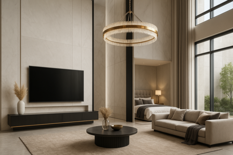 تصميمات ديكور حصرية: تلفزيون، أسرة، ومساحات دبل هايت لتحقيق الفخامة والتميز في منزلك