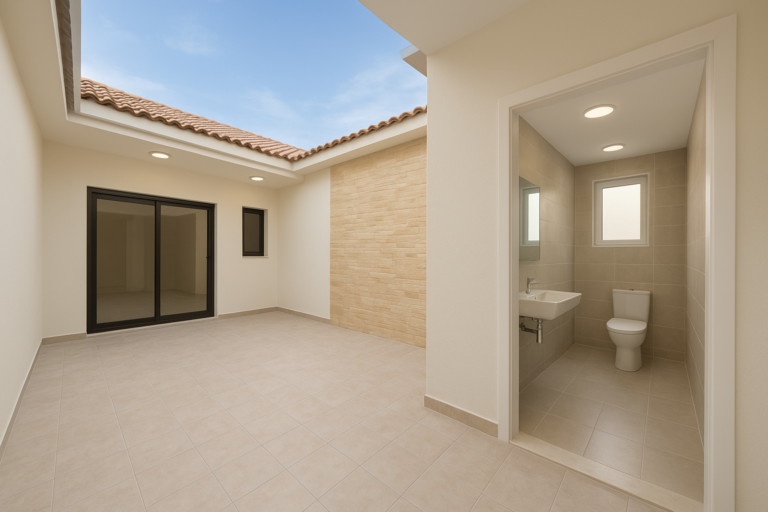 تجديد شامل للحوش، دورات المياه، الأرضيات والجبس لأعمال تشطيب مثالية.