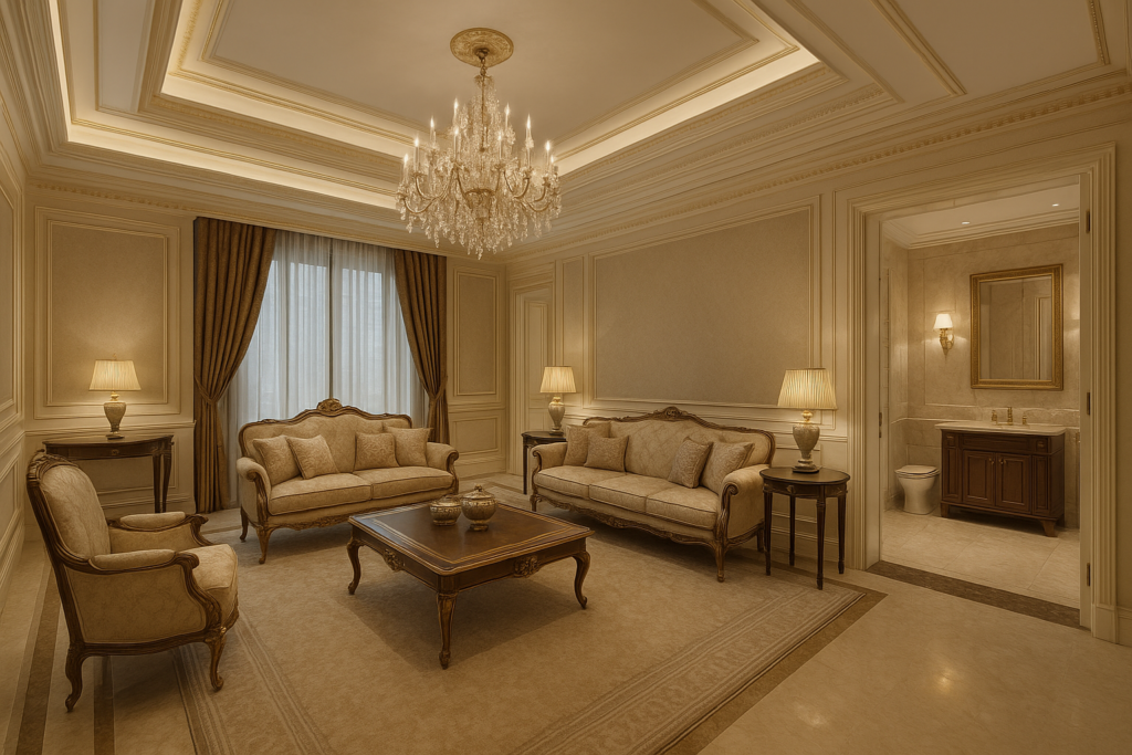 ديكور فاخر لمجلس ملحق واسع مع دورة مياه بمساحة 13/5 متر